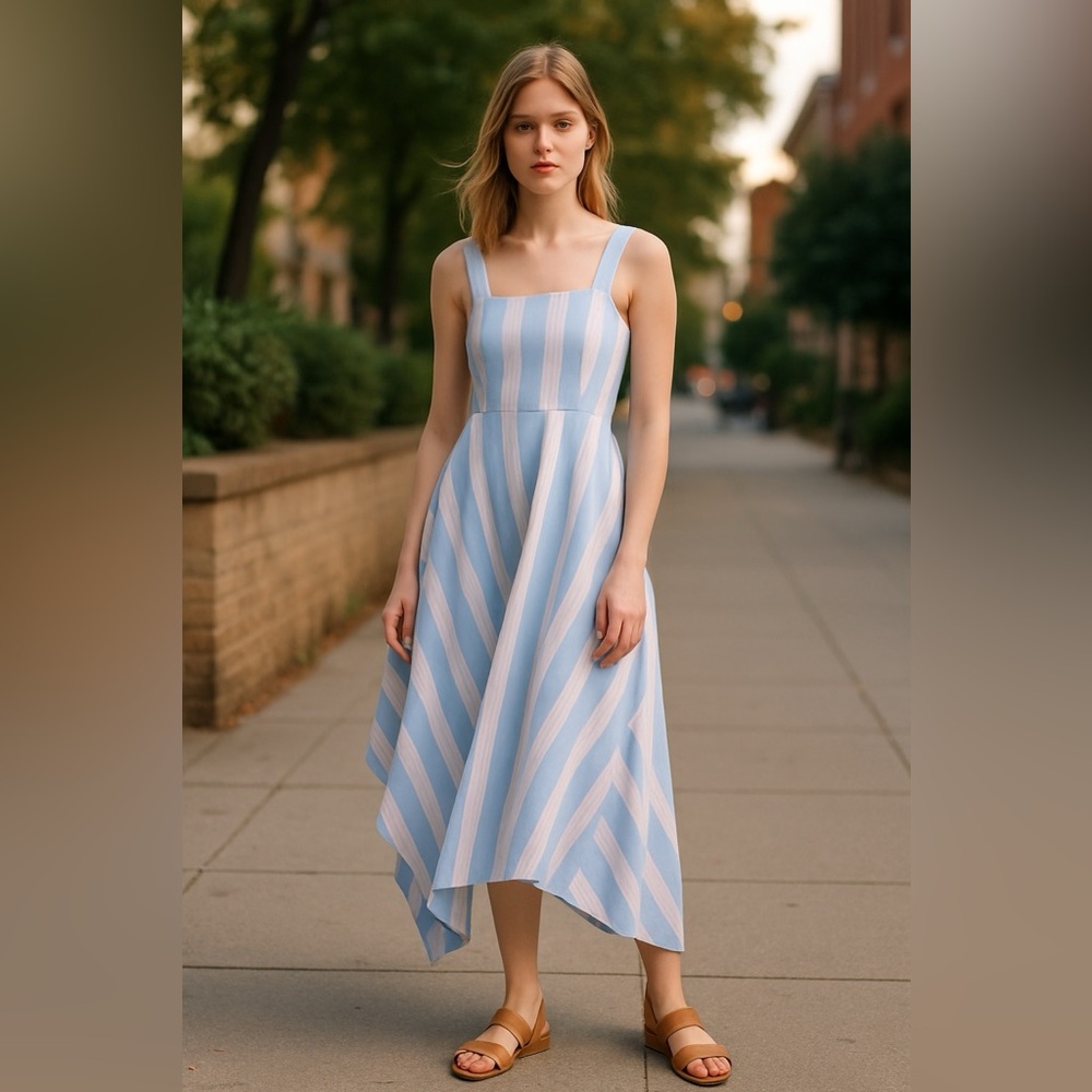 Summer salt Chic Asymmetrical Blue and White Striped Midi Dress Size: L